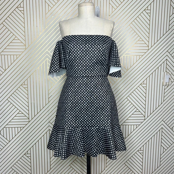 Saloni Amelia Neoprene Mini Polka Dot Dress‎ Black White Size 6 - Picture 2 of 12